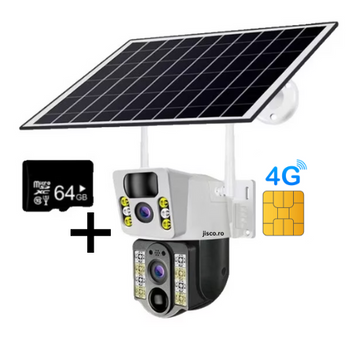 Camera 5MP duala de supraveghere 4G + Card 64GB, solara, viziune nocturna color, PTZ 4K