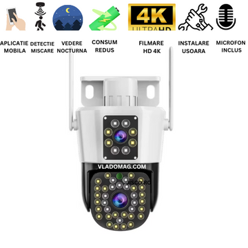 Camera Dubla 6 MP WiFi Jortan, Full HD 4K cu Alarma Integrata, Detectare Umana si Recunoastere Faciala