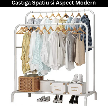Suport Dublu de Umerase pentru Haine, din Metal 150 x 110 x 54 cm, Alb