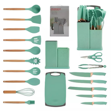 Set 19 ustensile bucatarie din silicon cu maner rezistent din bambus, suport si tocator