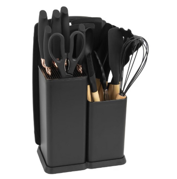 Set 19 ustensile bucatarie din silicon cu maner rezistent din bambus, suport si tocator