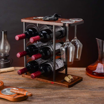 Suport 6 sticle de vin cu sistem suspendat pentru 2 pahare, awwaline, maro, lemn, 35 x 34 x 16 cm