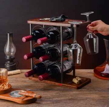 Suport 6 sticle de vin cu sistem suspendat pentru 2 pahare, awwaline, maro, lemn, 35 x 34 x 16 cm