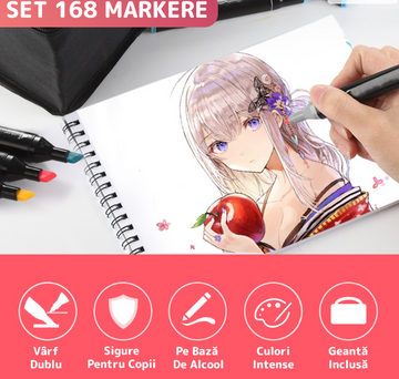 Set 168 de Carioci marker cu varf dublu si geanta de depozitare inclusa