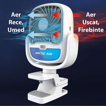 Ventilator portabil cu apa, clema de prindere, rotire 360 grade, Port USB C , 3 viteze, 2 in 1, Umifidicator, LED RGB