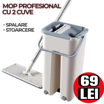 Mop profesional cu stoarcere automata, 2 cuve si 2 lavete din microfibra