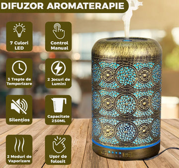 Difuzor Luxury aromaterapie, din metal Auriu, Iluminare LED