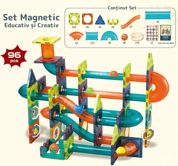 Set 96 piese magnetice, constructie traseu cu bile
